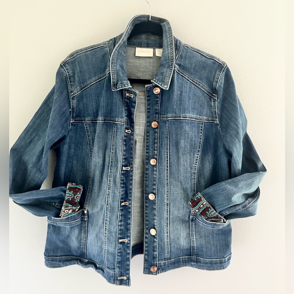 Chico's Blue Denim Embellished Jacket
